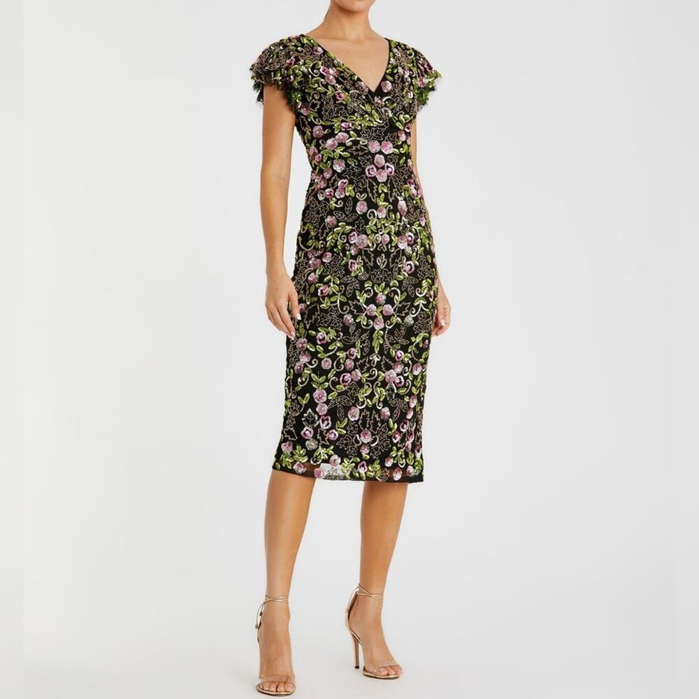 Mac Duggal Black Floral Embellished Flutter Cap Sleeve Dress Size 2